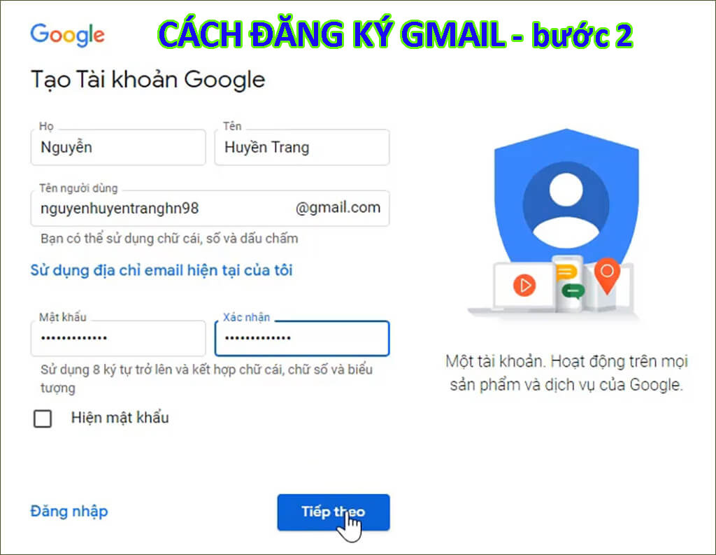 Cách đăng ký Gmail bước nhập thông tin cá nhân và tên đăng nhập