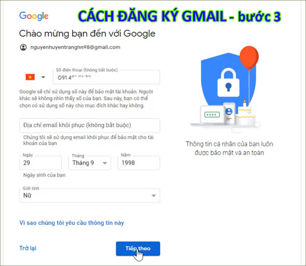 Cách đăng ký Gmail bước nhập thông tin số điện thoại và ngày tháng năm sinh