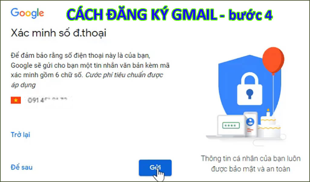 Cách đăng ký Gmail bước gửi thông tin để nhận mã xác minh của Google