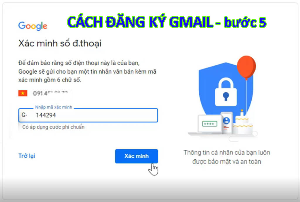 Cách đăng ký tài khoản gmail bước nhập mã xác minh từ google gửi