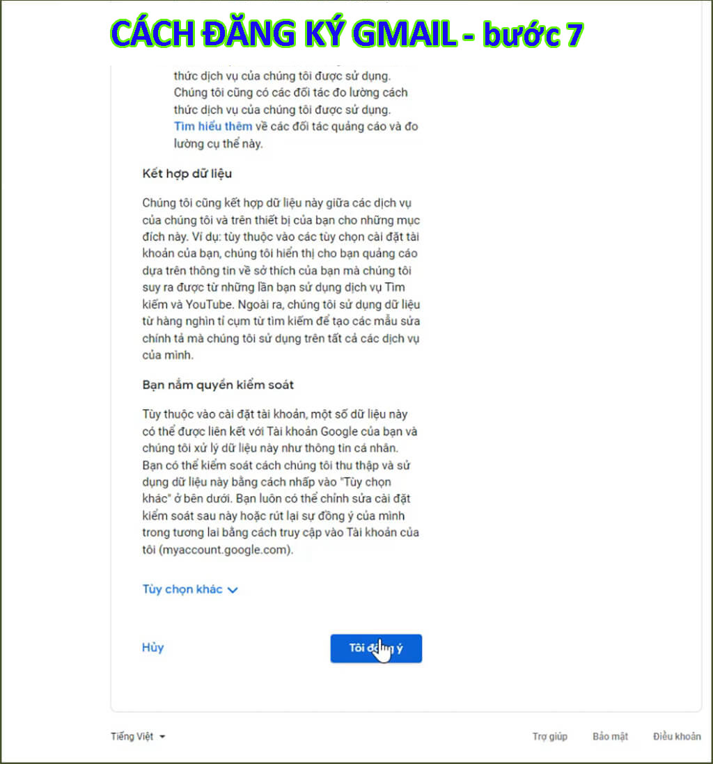 Cách đăng ký tài khoản gmail chọn tôi đồng ý với các điều khoản của Gmail