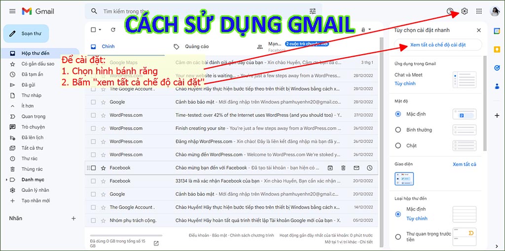 Hướng dẫn cách sử dụng Gmail vào phần cài đặt