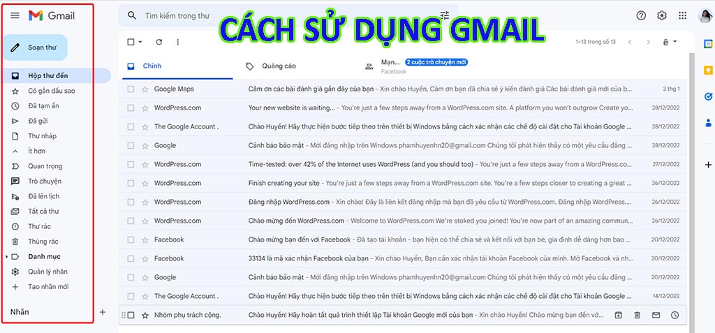 Hướng dẫn cách sử dụng Gmail menu chính